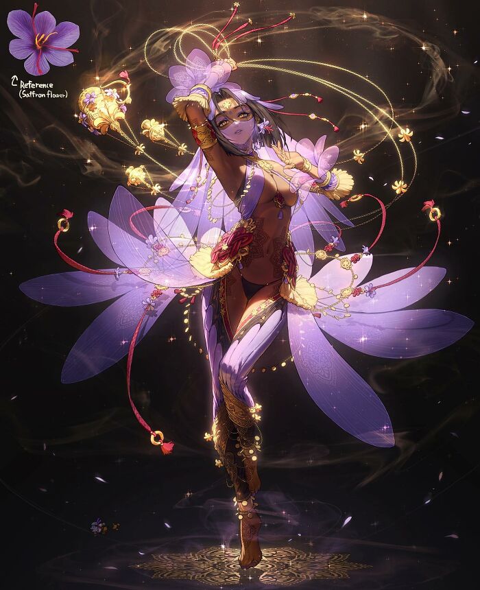 Saffron flower transformed into a cartoon character with purple petals and golden accents, inspired by everyday objects.