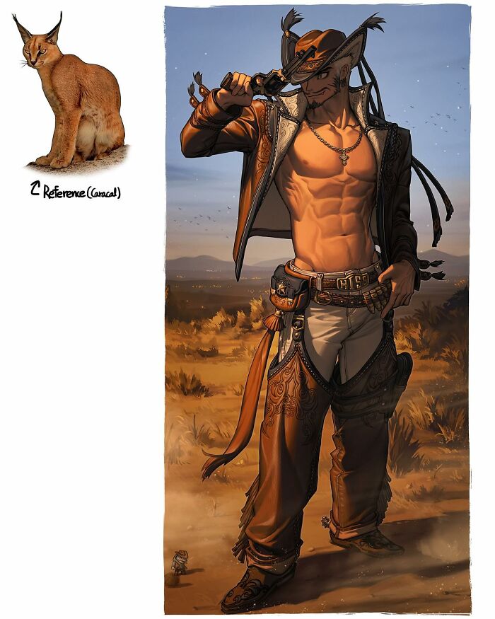 Cartoon character inspired by a caracal, wearing a cowboy outfit in an animated desert backdrop.