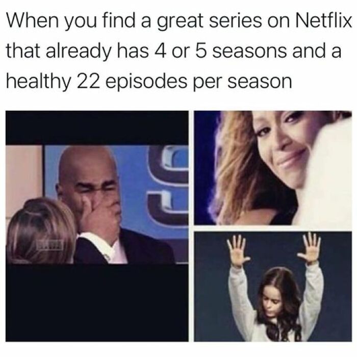 Funny Netflix meme showing three reactions to discovering a lengthy series: shock, approval, and celebration.