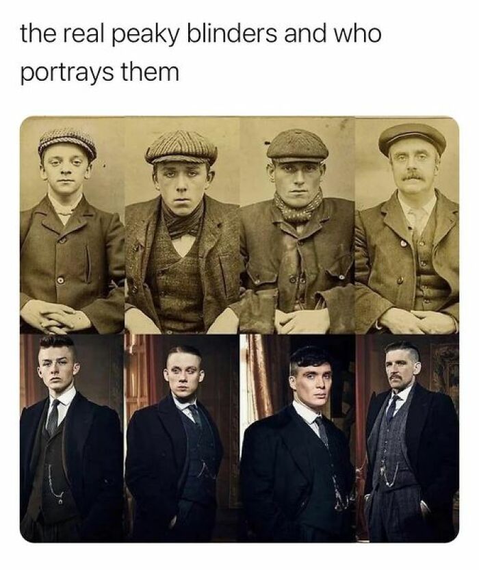 Vintage Peaky Blinders photo compared with actors in suits from the Netflix series.