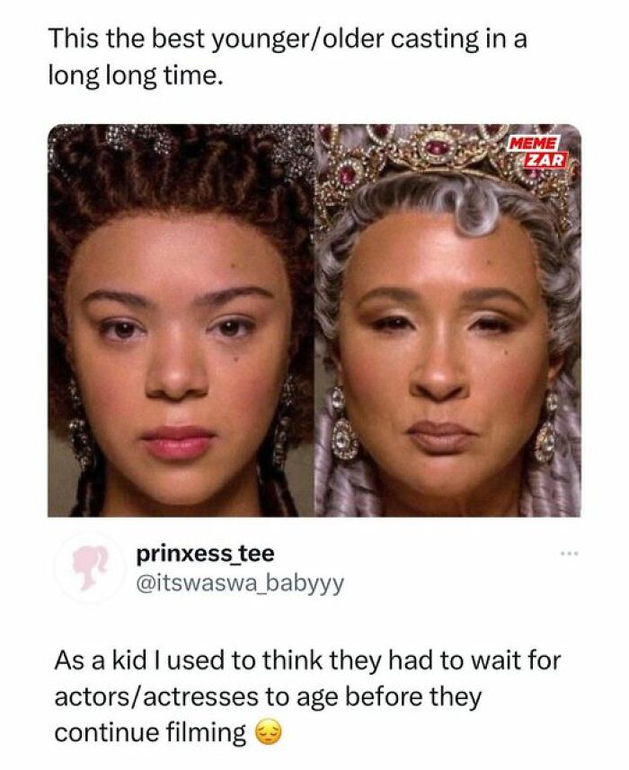 Two women in period costumes showing younger/older casting in Netflix meme.
