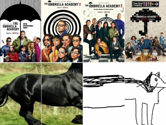 Netflix memes with The Umbrella Academy posters and a humorous sketch of a horse.