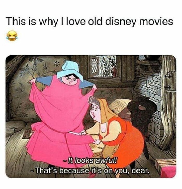 Fairies from an old Disney movie humorously comment on a pink dress, highlighting hilarious Netflix meme humor.