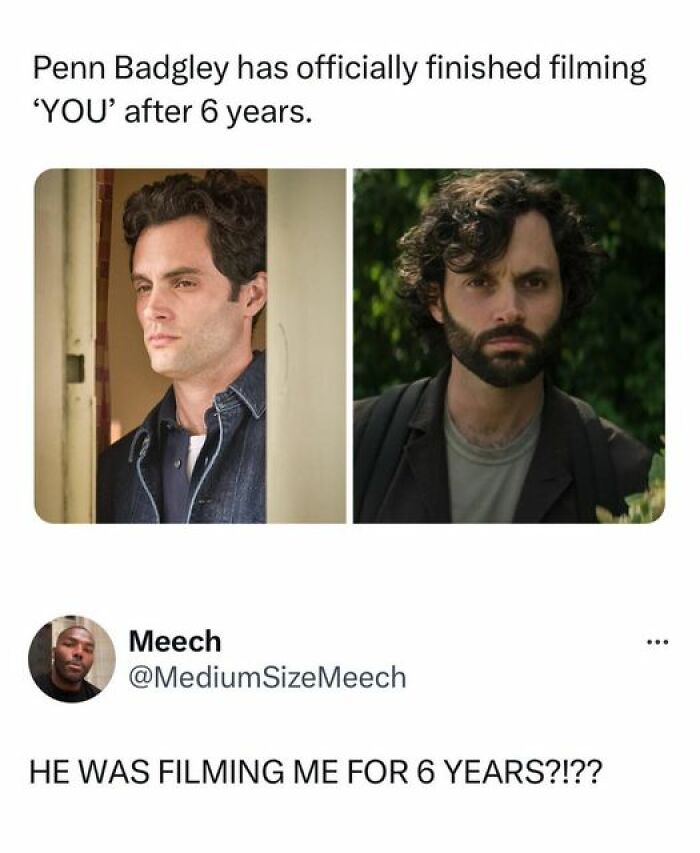 Two images of the same actor from different years, referencing a Netflix series with a humorous Twitter comment below.