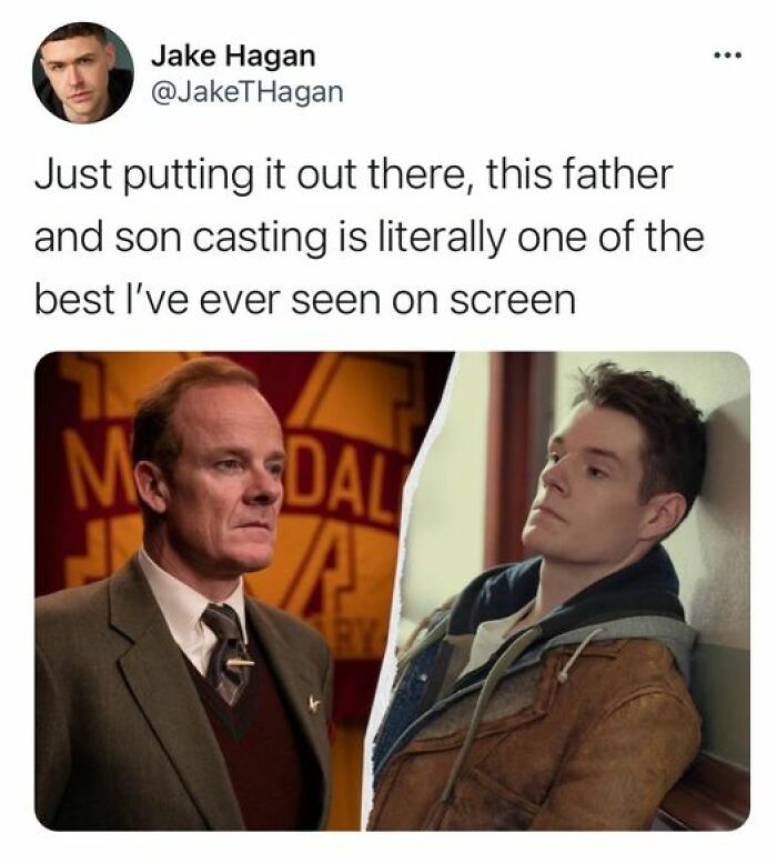 Netflix meme comparing father and son casting with a split image of two characters, highlighting their resemblance.
