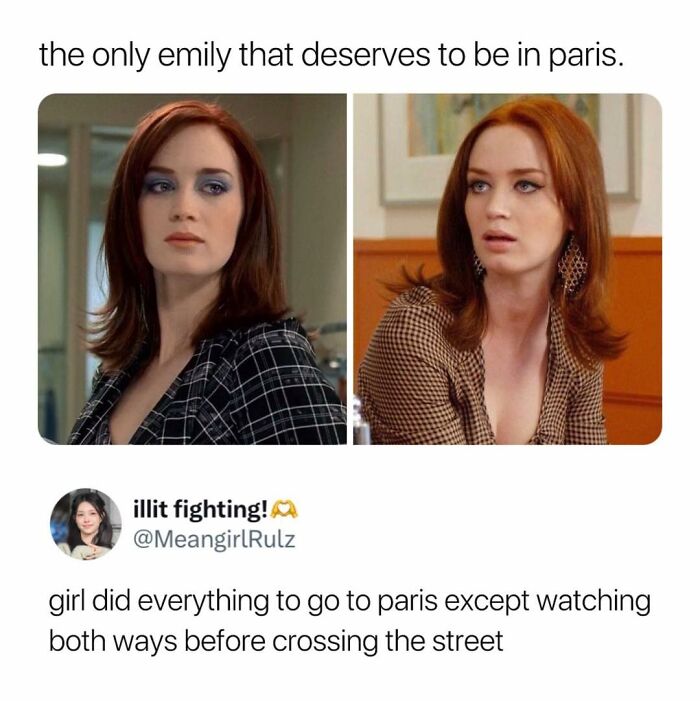 Two images of a woman with red hair, accompanied by a funny tweet about Paris and Netflix memes.