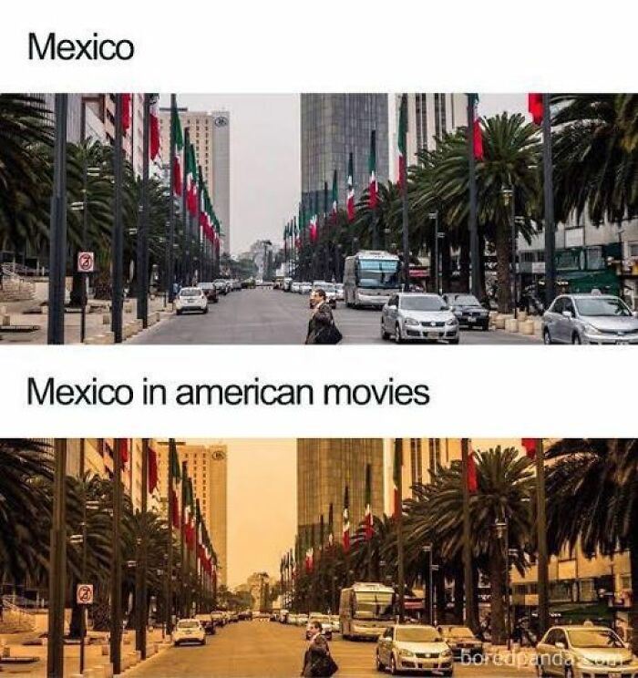 Street scene comparing real Mexico with its portrayal in American movies, highlighting visual differences.