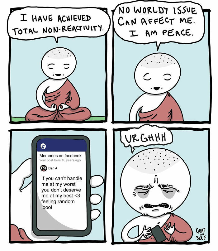 Absurd comic by Canadian artist Cameron Spires shows a monk struggling with emotions after seeing a Facebook memory.