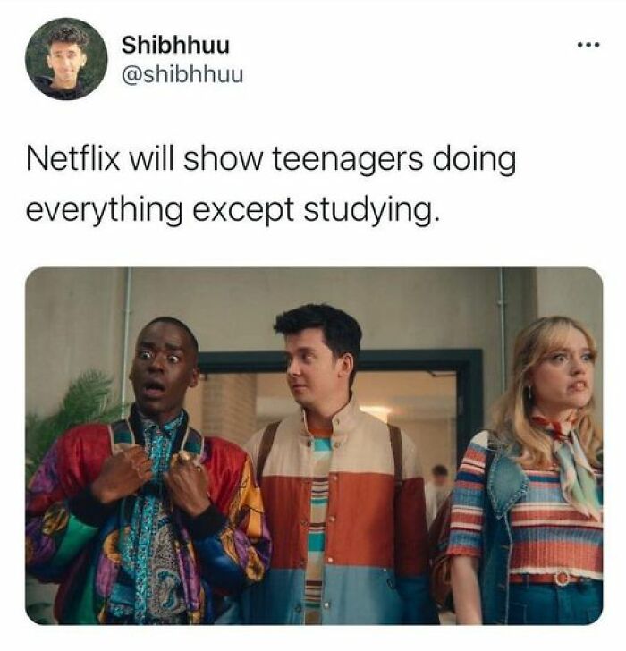 Three teenagers look surprised in a Netflix meme about avoiding studying.