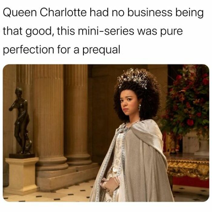 Queen Charlotte meme from Netflix mini-series, praising it as perfect prequel.