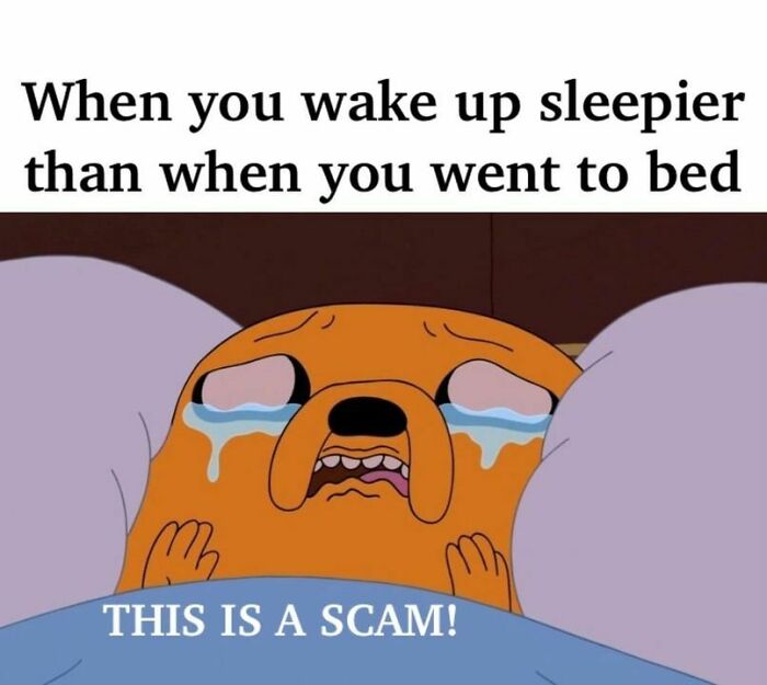 Cartoon character crying in bed with text expressing frustration about waking up sleepier, funny meme making fun of life.