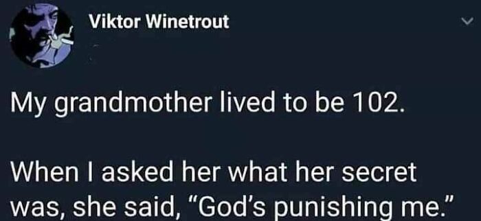 Tweet meme text about a grandmother living to 102 with a darkly humorous secret, related to memes that make fun of almost everything.