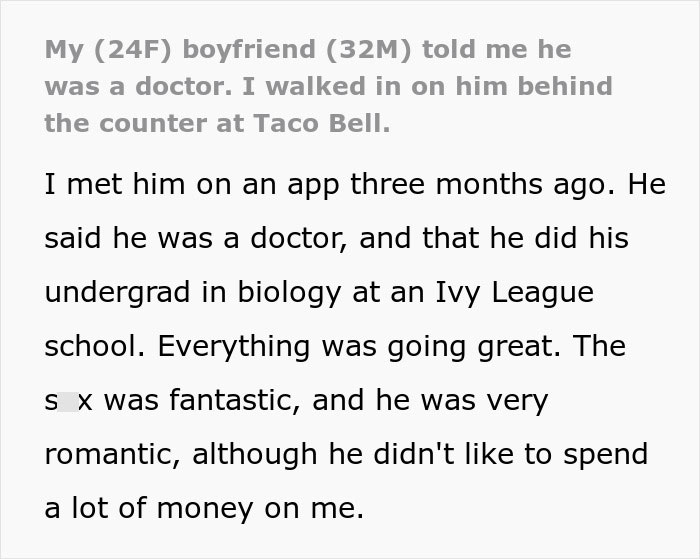 Woman Is Flabbergasted After Spotting Her Ivy League Doctor BF Actually Working In Taco Bell Woman Is Flabbergasted After Spotting Her Ivy League Doctor BF Actually Working In Taco Bell