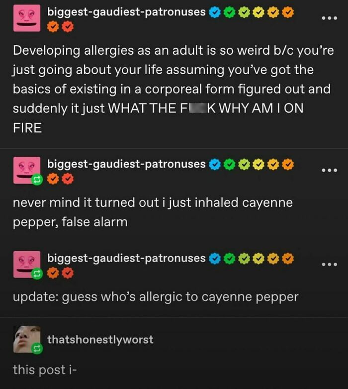 Funny and random meme about adult allergies mistaken for cayenne pepper, shared on an IG page to brighten up your day.