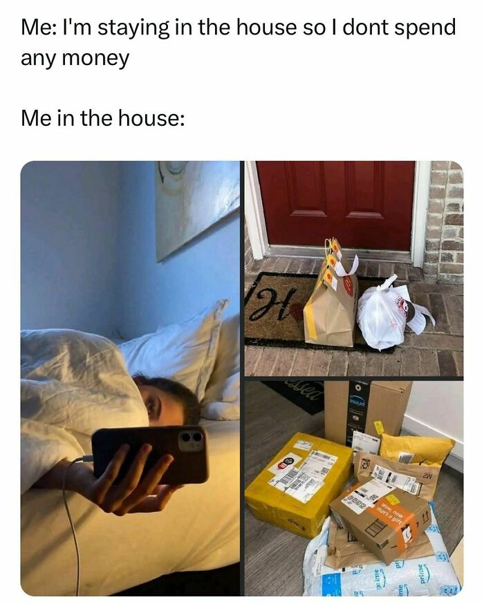 Person lying in bed using phone with multiple food and online delivery packages, relatable college confessions meme post.