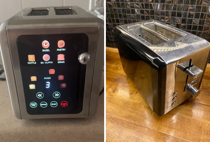 Smart home toasters with digital controls and stainless steel finish on a kitchen counter.