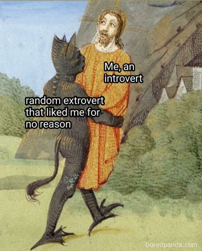 Introvert and extrovert meme: medieval-style art with introvert labeled person hugging a labeled extrovert demon.