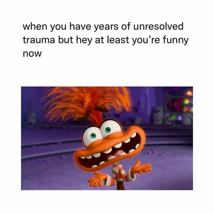 Funny meme featuring animated character with orange hair and wide grin, illustrating humor from unresolved trauma moments.