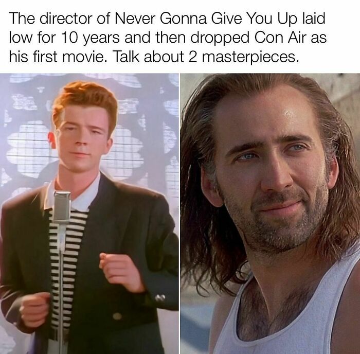 Split image of Rick Astley singing in the Never Gonna Give You Up video and actor Nicolas Cage in Con Air, nostalgic memes.