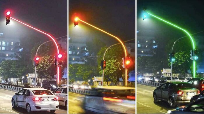 Traffic Signals With LED Lights On The Pole Itself
