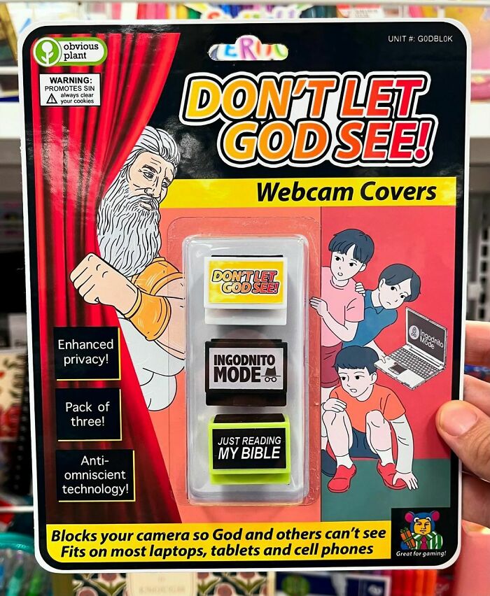 Fake product by Obvious Plant: "Don't Let God See" webcam covers for privacy, humorously mixed with real store items.