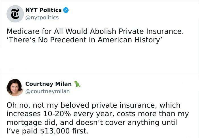 NYT Politics tweet on Medicare and private insurance followed by Courtney Milan's sarcastic response highlighting costs.