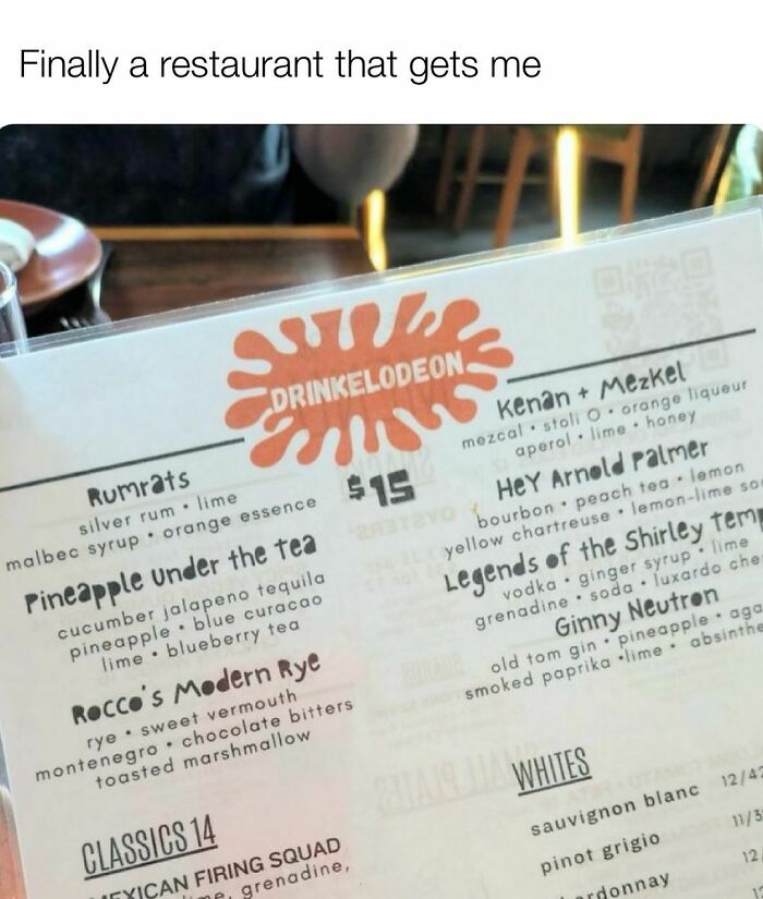 Menu from Drinkelodeon bar with creative cocktails inspired by 90s nostalgia, appealing to Tamagotchis and VHS fans.