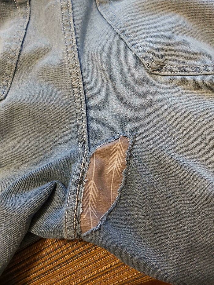 I Can't Afford/ Don't Want To Buy New Jeans So Patched It Instead. This Is My 1st Time Patching Clothes So I Hope It Holds