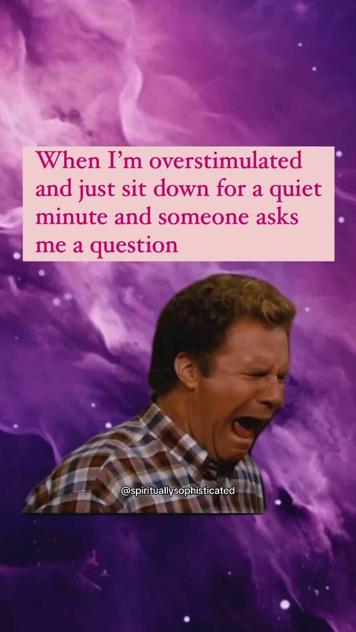 Meme about being overstimulated, featuring a person screaming, with a cosmic purple background.