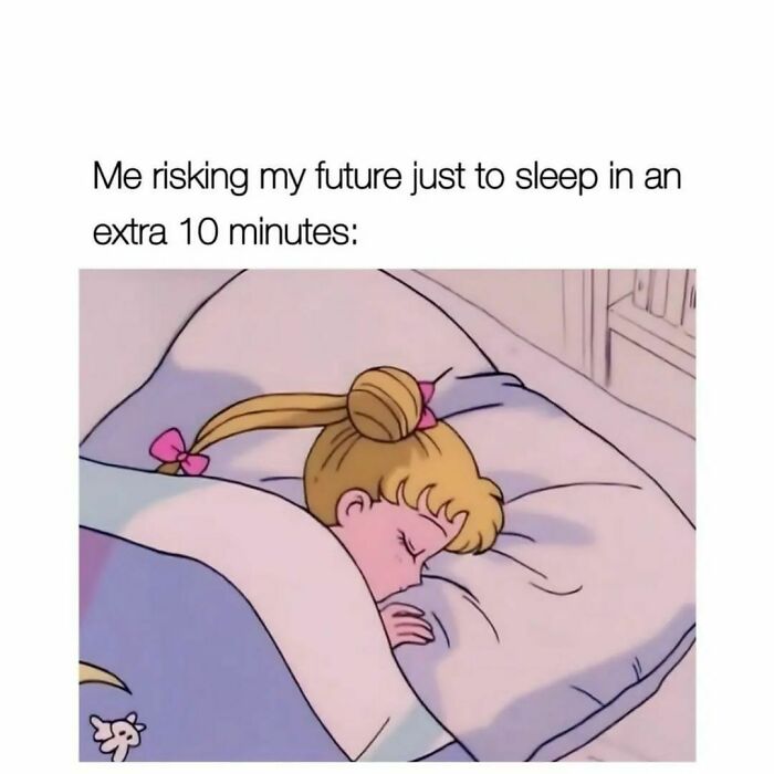 Cartoon character sleeping soundly with text about risking future for extra 10 minutes, hilarious memes humor concept.