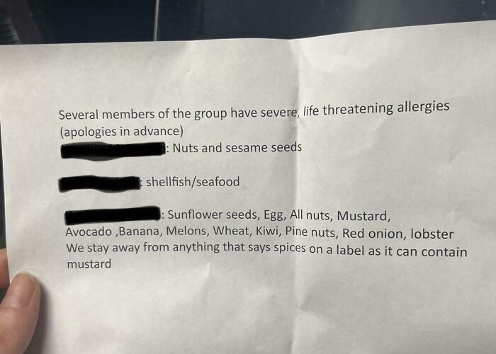 The List Of Allergies A Table Handed Us On NYE (The Set Menu Was Surf & Turf)