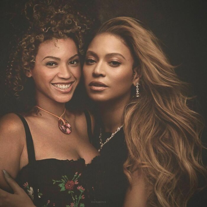 Celebrities photoshopped together, featuring person with curly hair next to their older self with longer hair.