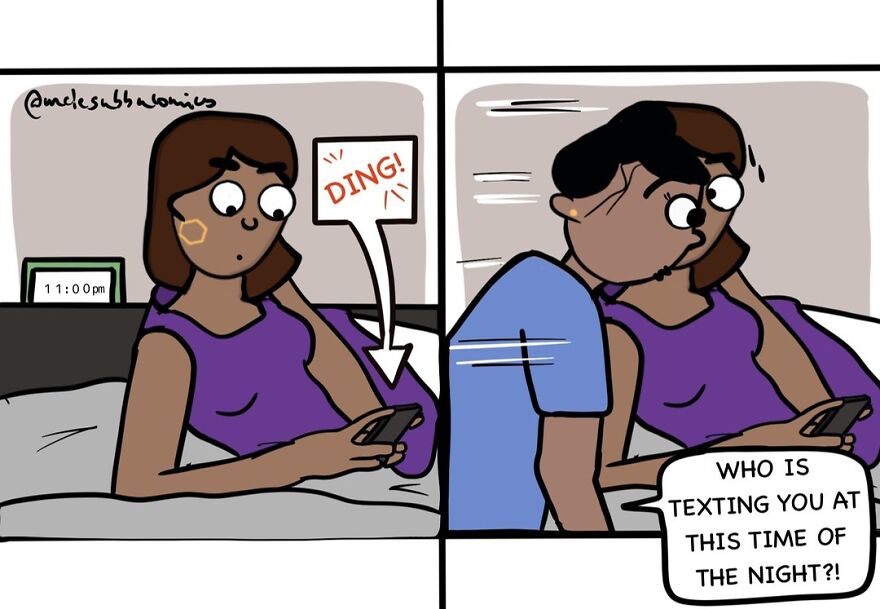Woman in bed receiving a late-night text message, comic style illustrating funny family life moments by Uncle Subbu.