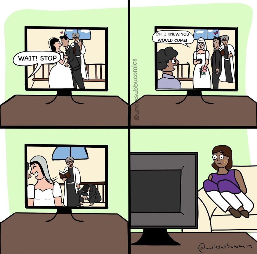 Couple's wedding interrupted by priest in a funny family life comic showing a shocked woman watching on TV.