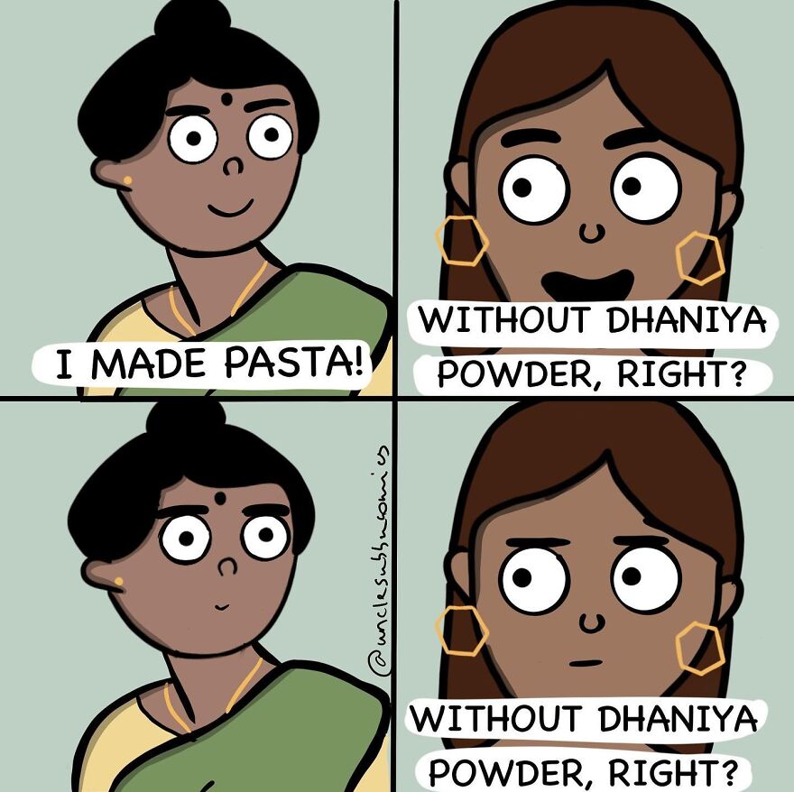 Comic from Uncle Subbu showing a humorous family moment about making pasta with or without dhaniya powder.