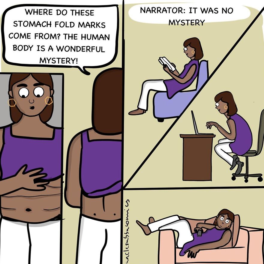 Comic strip by Uncle Subbu showing a woman humorously pondering stomach fold marks in everyday family life moments.