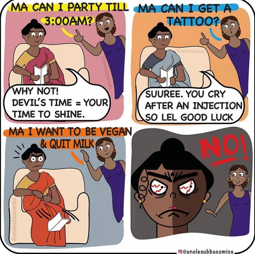 Comic panels from Uncle Subbu showing humorous family life moments with a daughter asking her mom funny permission requests.