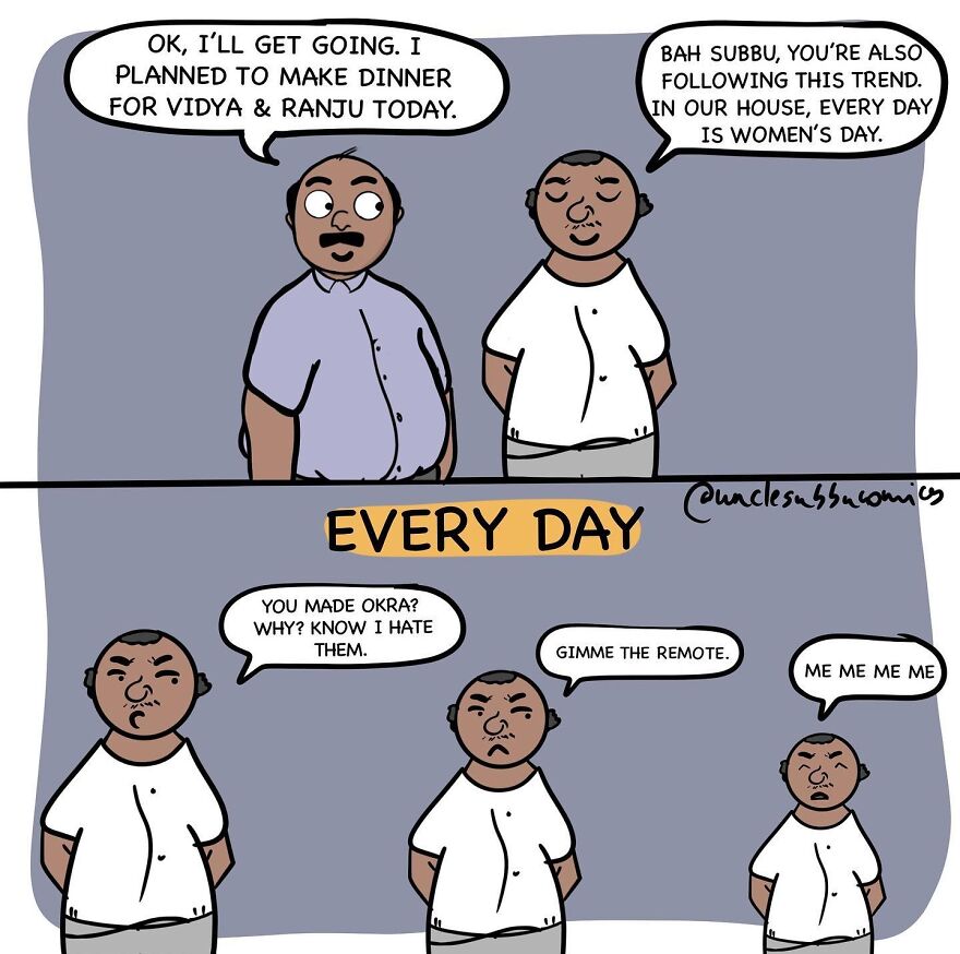 Two men humorously discuss family life and daily struggles in an Uncle Subbu comic about the funny side of family life.