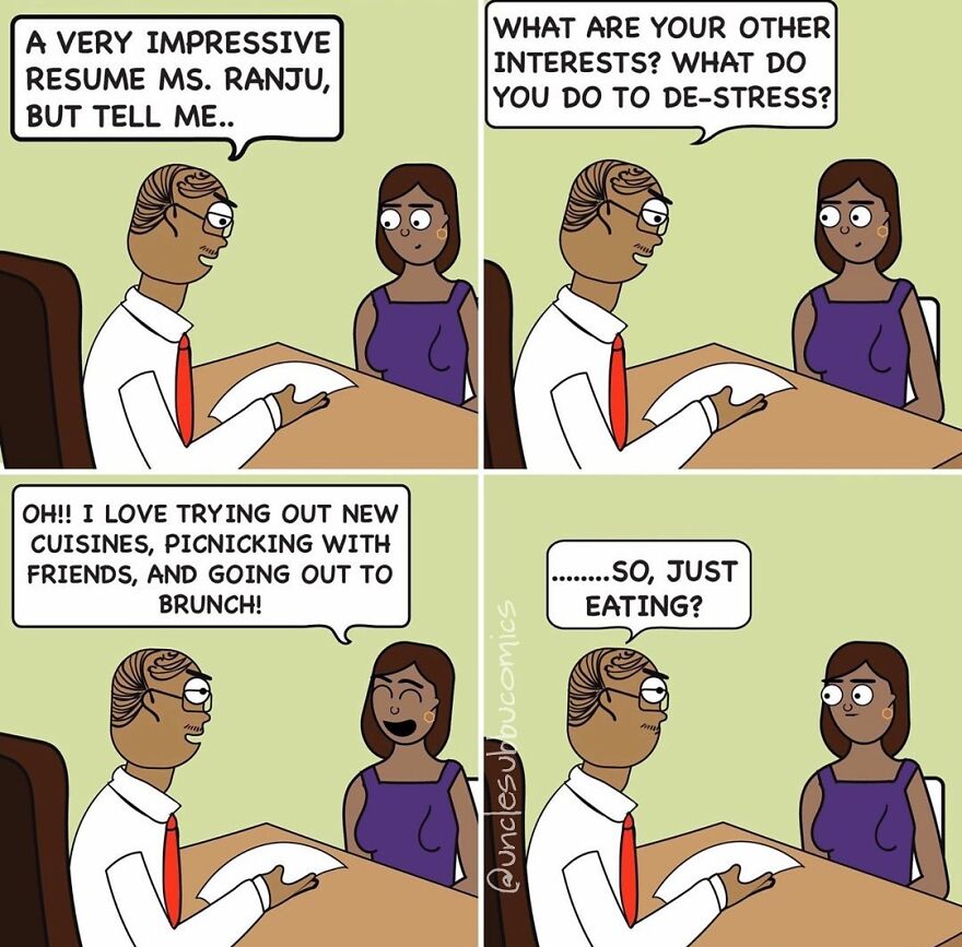 Comic panel from Uncle Subbu showing a humorous family life moment during a job interview about de-stressing interests.