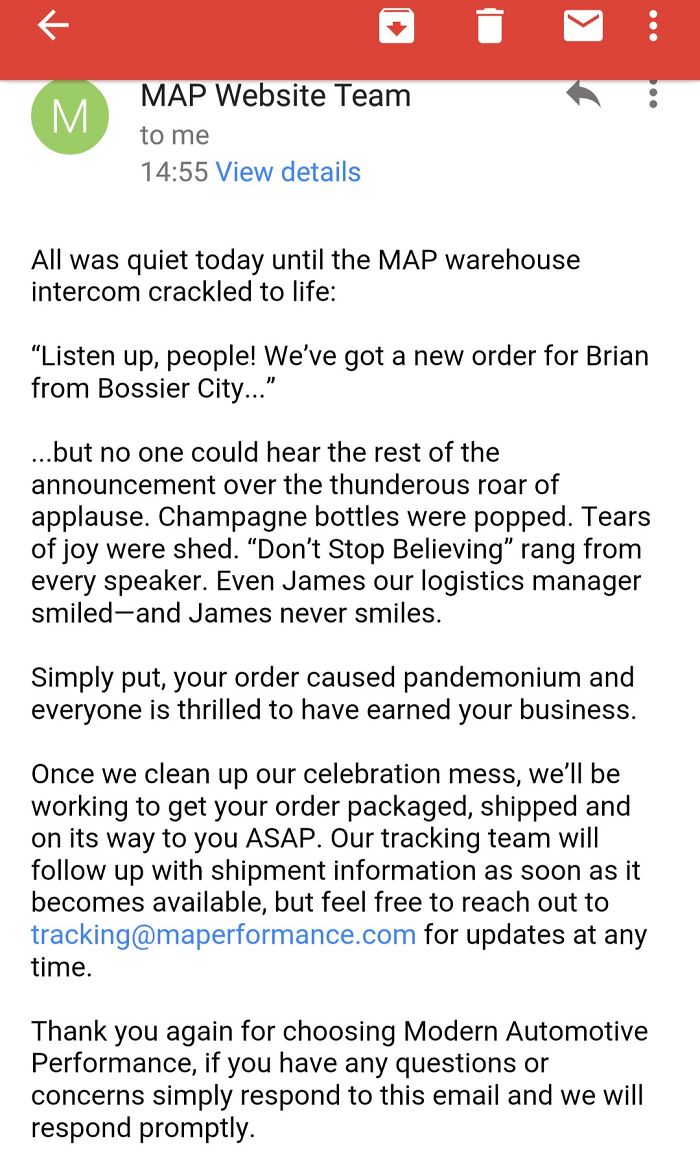 Ordered A Car Part Today Online, And Got An Email From The Company Confirming My Order