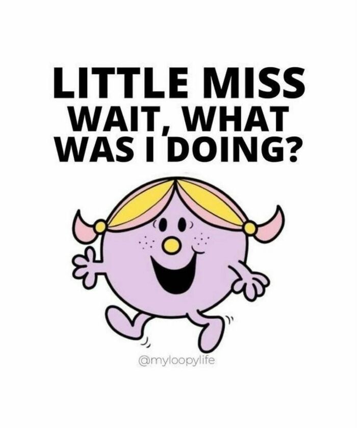 Cartoon character with a caption highlighting relatable mental struggles, humorously questioning, "Wait, what was I doing?"