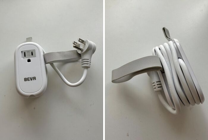 White BEVA power strip with durable flat cable and plug, shown uncoiled and coiled on a white surface