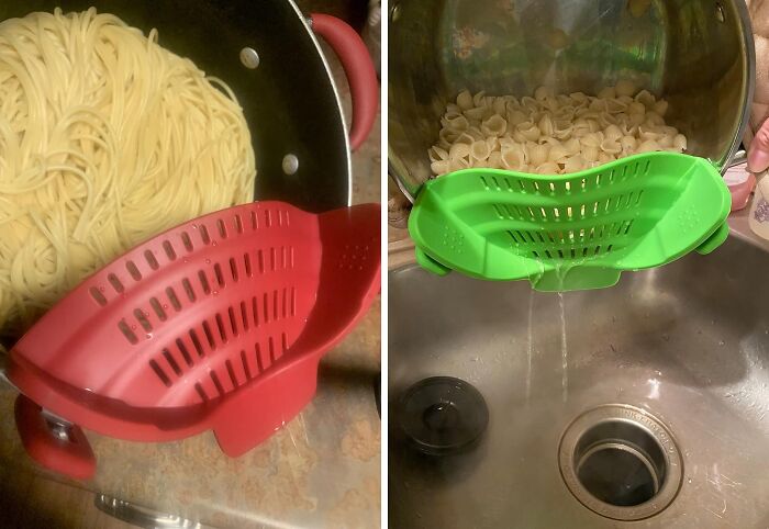 Red and green durable clip-on strainers draining pasta in a pot and over a sink for kitchen use.