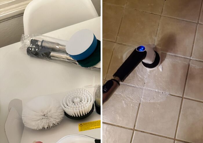 Durable cleaning brush set with interchangeable heads shown on table and in use scrubbing tiled floor grout.