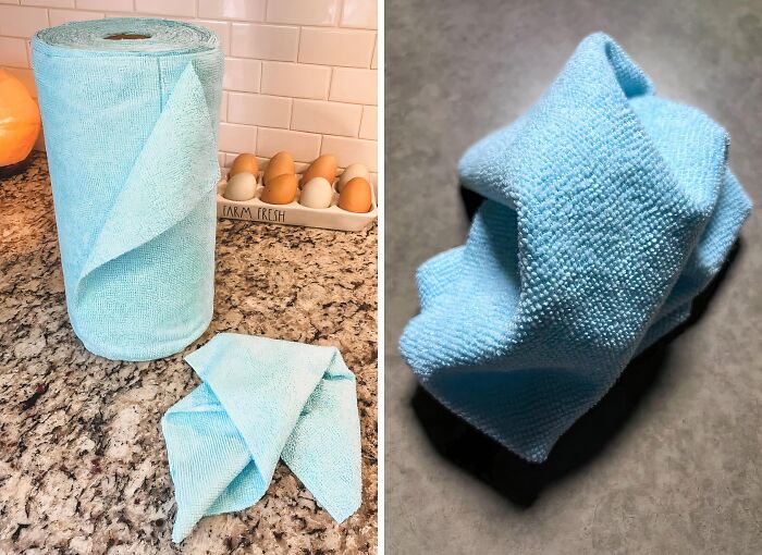 Light blue durable microfiber cleaning cloths on a kitchen counter and crumpled on a gray surface