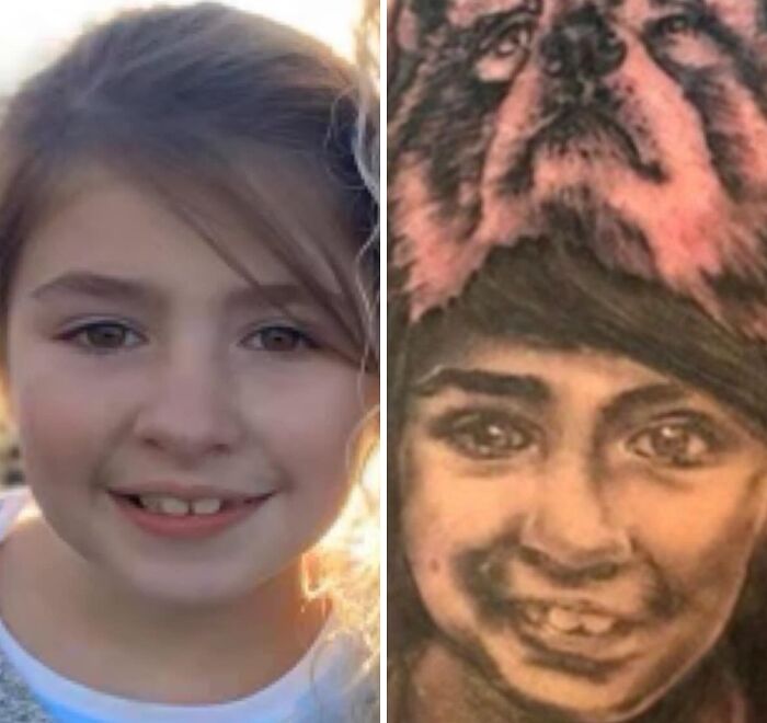 Child's portrait alongside an unusual tattoo depiction, as shared in a Facebook group for bad tattoos.