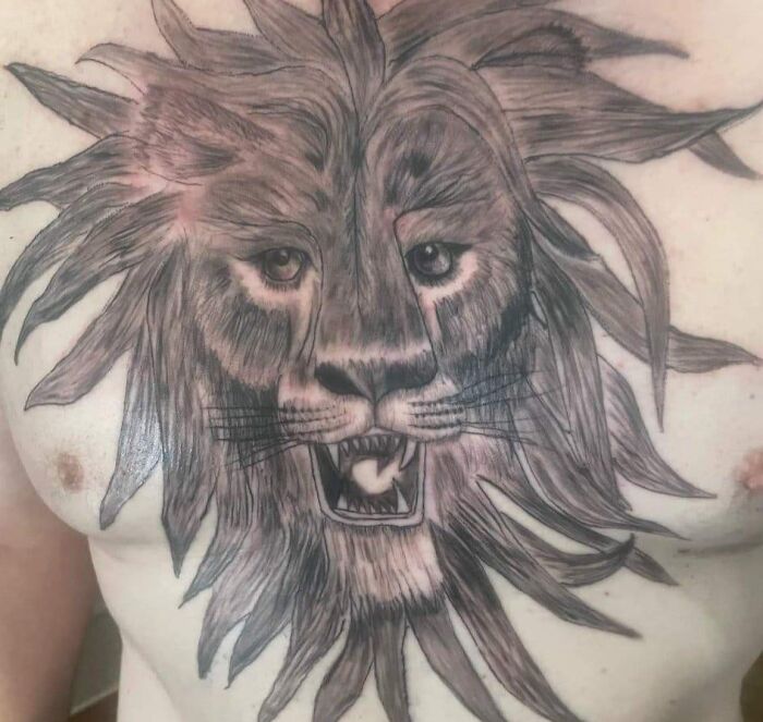Lion face tattoo on chest with uneven features, shared in Facebook group for tattoos to avoid.