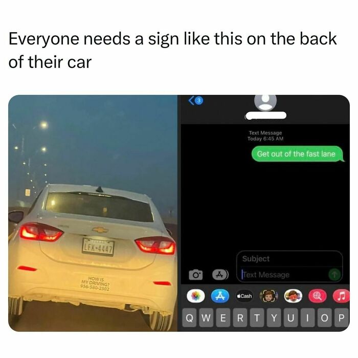 Car with a humorous sign asking how the driver is doing, paired with a relatable college confessions meme about fast lanes.