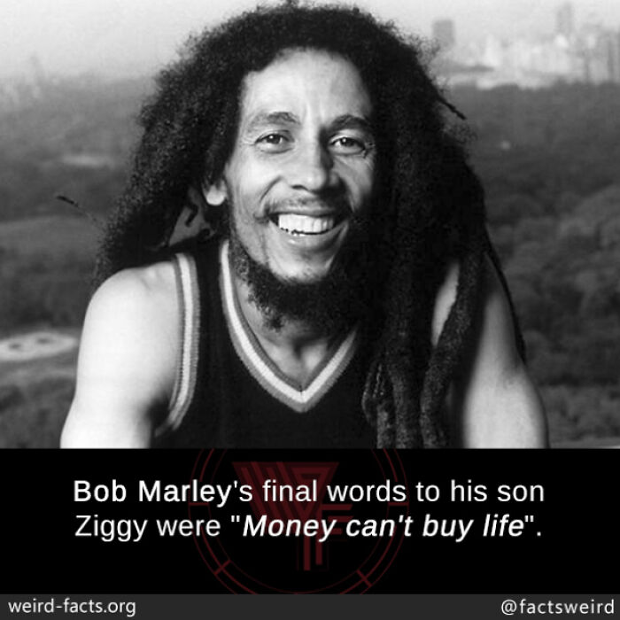 Black and white photo of Bob Marley smiling, accompanied by a fun fact about his final words to his son.