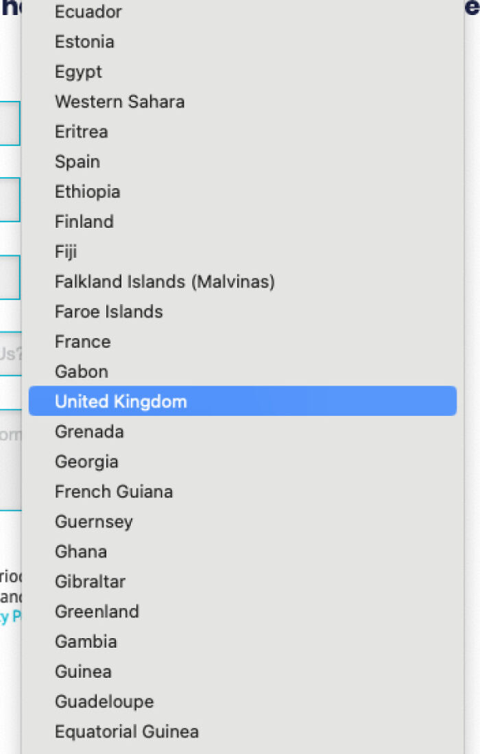 A dropdown menu highlighting the United Kingdom in a list of countries.